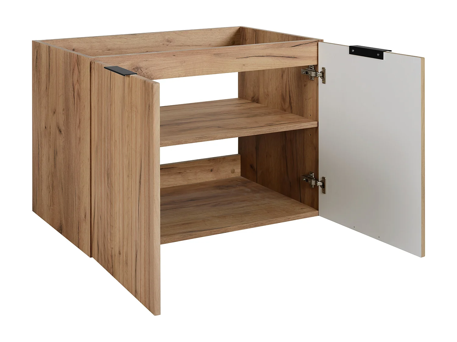 Ensemble de salle de bain : meuble avec tiroirs, meuble avec portes et étagère 57×46×180 cm, couleur : Chêne Craft / noir, poignée noire