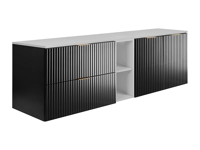 Badezimmer-Set: Schrank mit Schubladen, Schrank mit Türen und Regal 57×46×180 cm, Farbe: weiß/schwarz, Griff gold