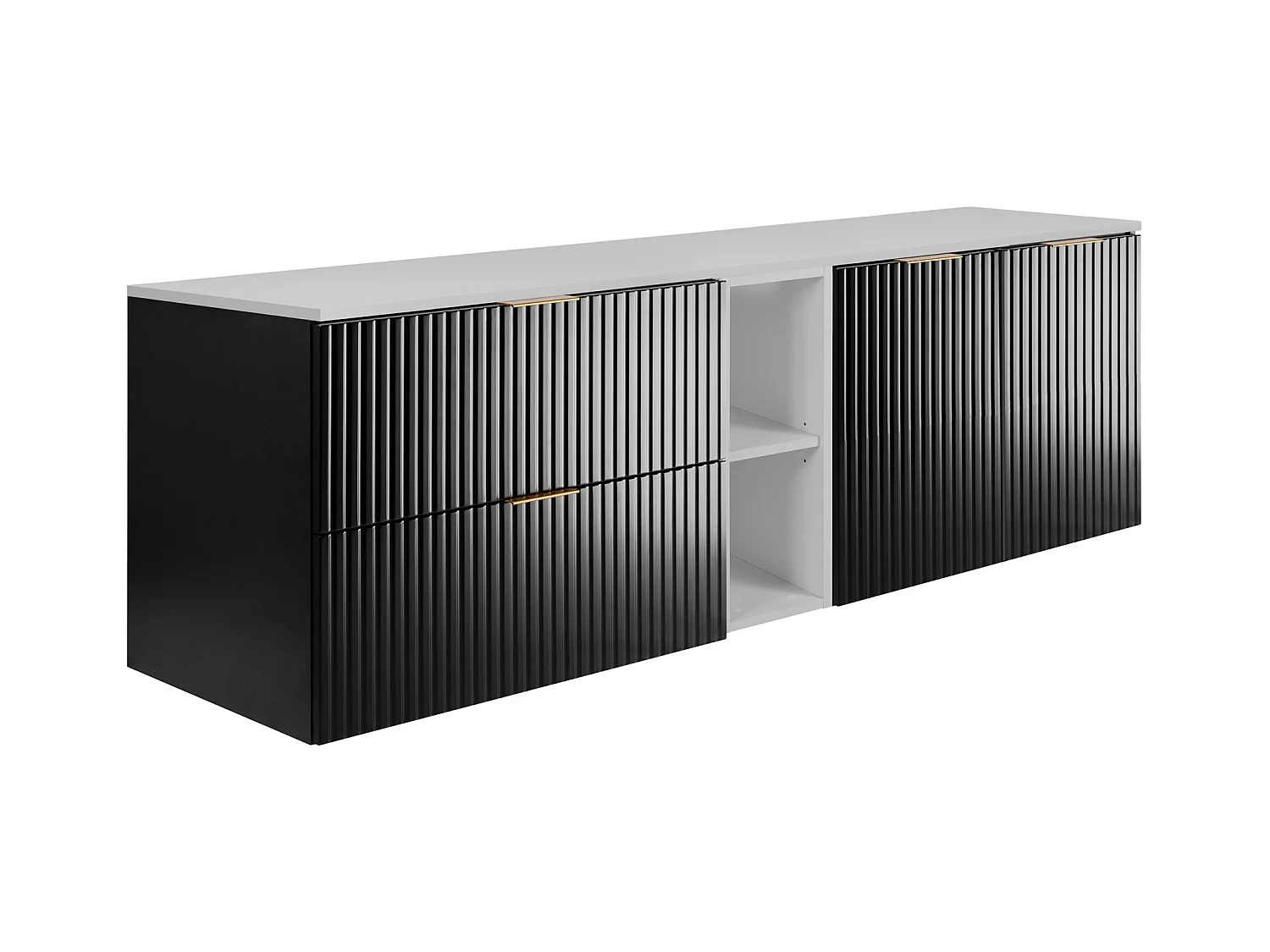 Ensemble de salle de bain : meuble avec tiroirs, meuble avec portes et étagère 57×46×180 cm, couleur : noir / blanc, poignée dorée