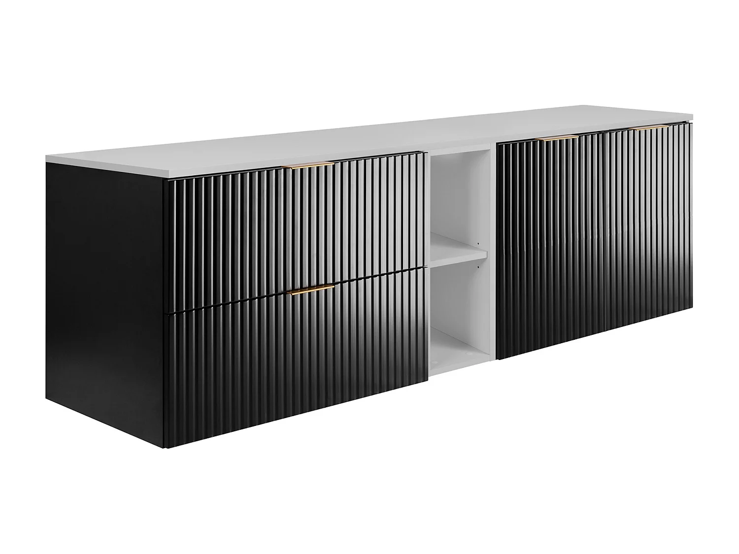 Badezimmer-Set: Schrank mit Schubladen, Schrank mit Türen und Regal 57×46×180 cm, Farbe: weiß/schwarz, Griff gold