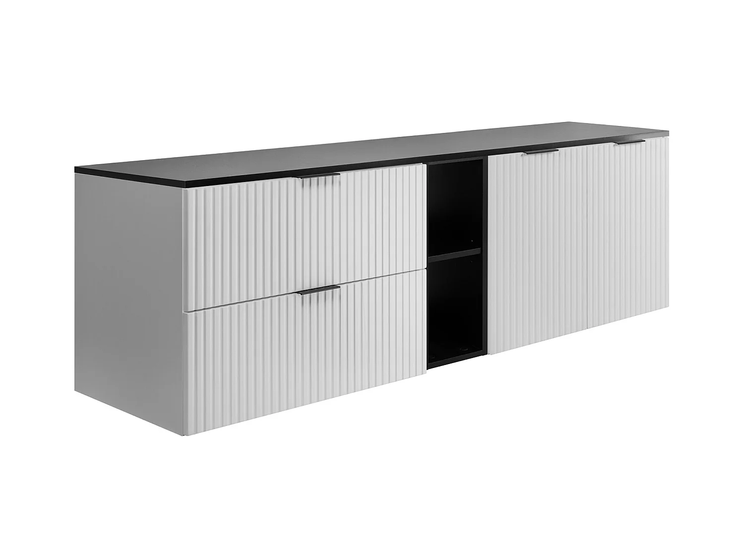 Ensemble de salle de bain : meuble avec tiroirs, meuble avec portes et étagère 57×46×180 cm, couleur : blanc / noir, poignée noire