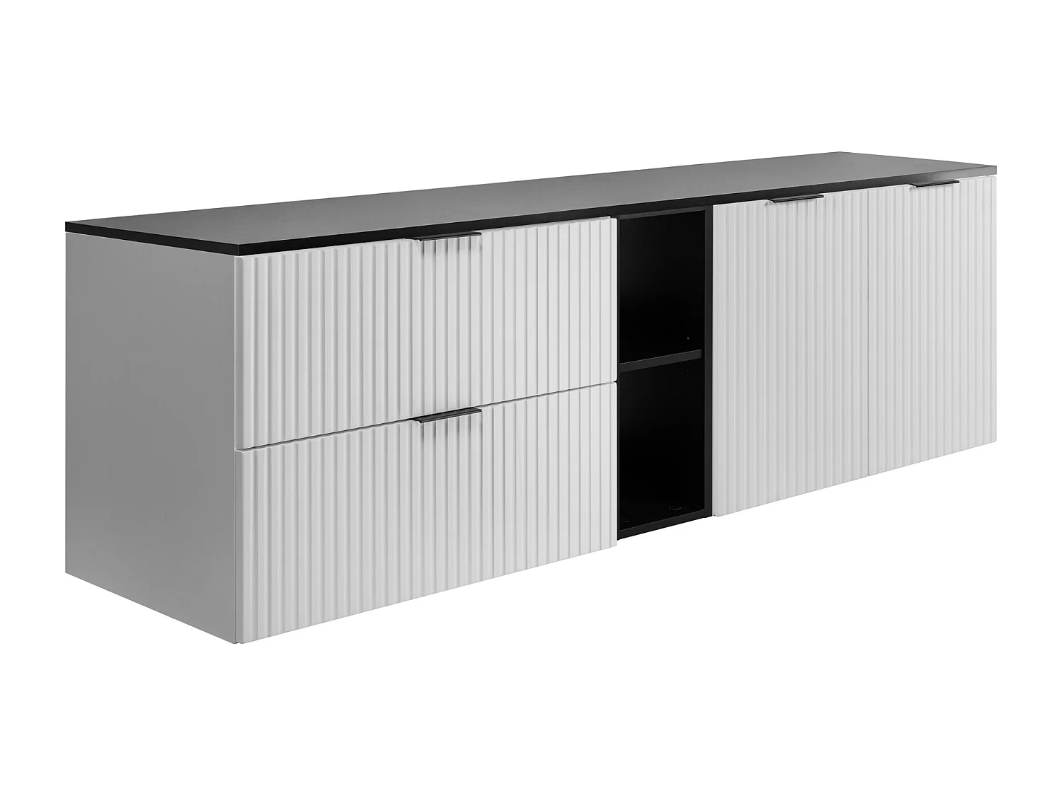 Badezimmer-Set: Schrank mit Schubladen, Schrank mit Türen und Regal 57×46×180 cm, Farbe: weiß/schwarz, schwarzer Griff