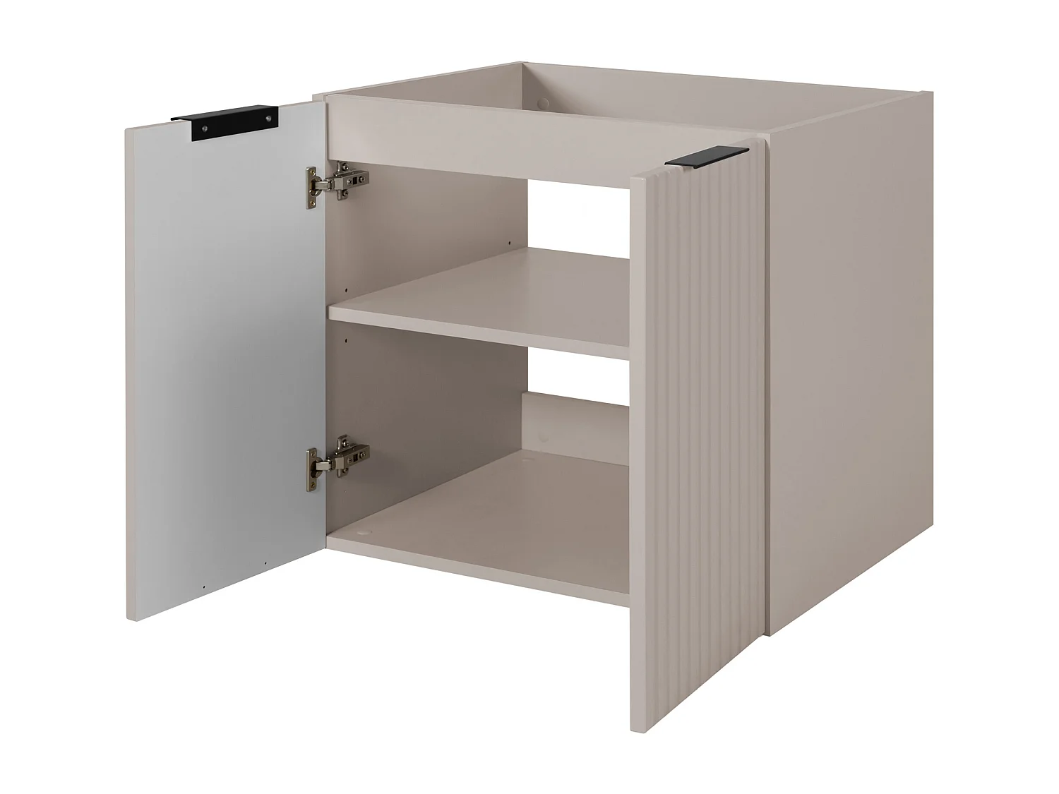 Ensemble de salle de bain : meuble avec tiroirs, meuble avec portes et étagère 57×46×180 cm, couleur : blanc / cachemire, poignée noire