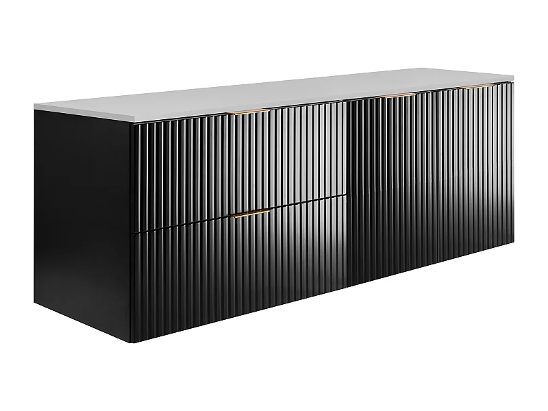 Badezimmer-Set: Schrank mit Schubladen und Schrank mit Türen 57×46×160 cm, Farbe: schwarz / weiße Arbeitsplatte, goldener Griff