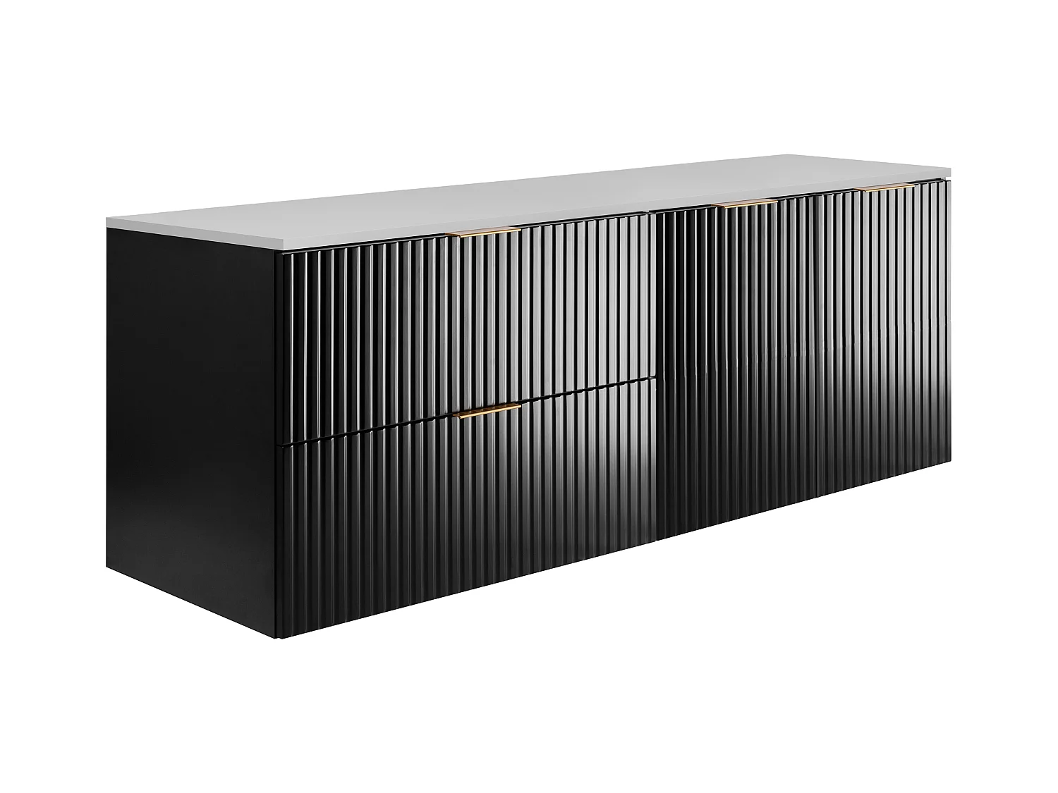 Badezimmer-Set: Schrank mit Schubladen und Schrank mit Türen 57×46×160 cm, Farbe: schwarz / weiße Arbeitsplatte, goldener Griff