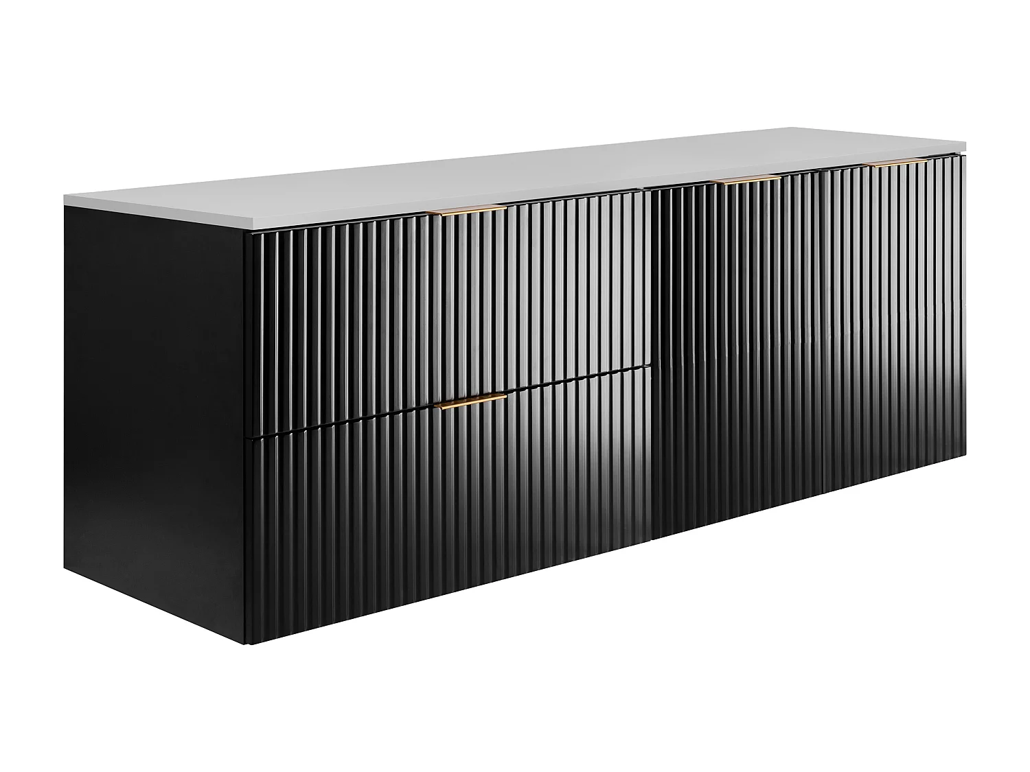 Badezimmer-Set: Schrank mit Schubladen und Schrank mit Türen 57×46×160 cm, Farbe: schwarz / weiße Arbeitsplatte, goldener Griff