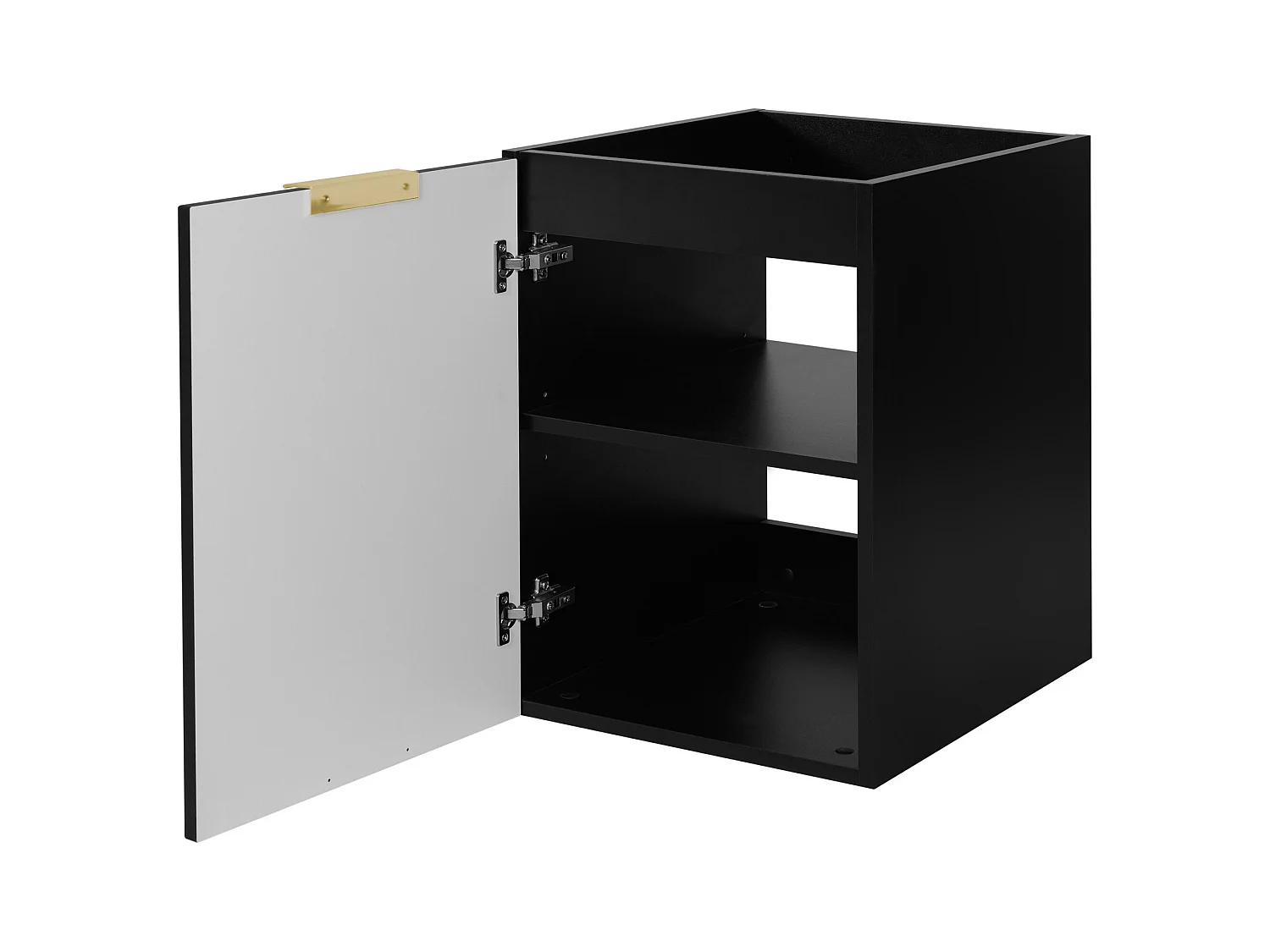 Badezimmer-Set: Schrank mit Schubladen, Schrank mit Türen und Regal 57×46×140 cm, Farbe: weiß/schwarz, Griff gold