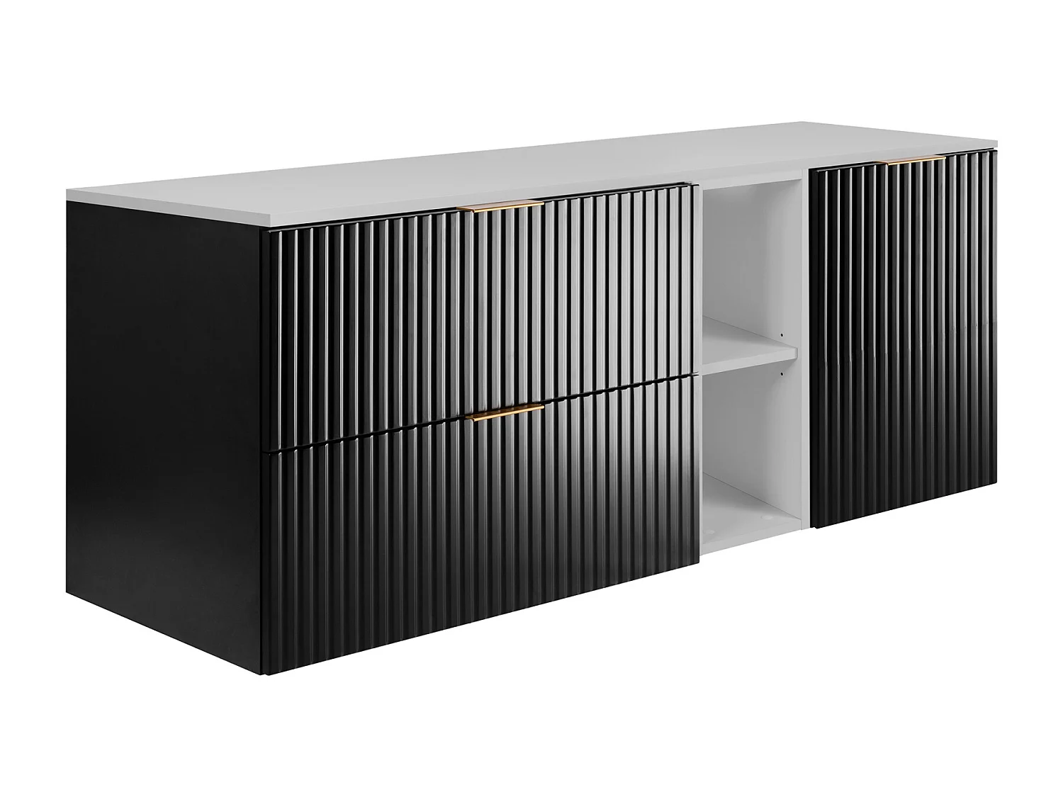 Ensemble de salle de bain : meuble avec tiroirs, meuble avec portes et étagère 57×46×140 cm, couleur : noir / blanc, poignée dorée