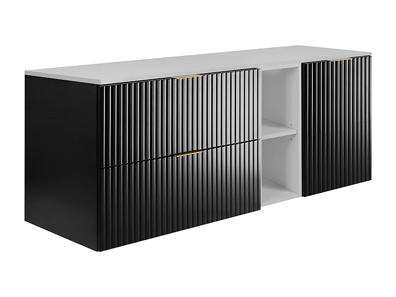 Ensemble de salle de bain : meuble avec tiroirs, meuble avec portes et étagère 57×46×140 cm, couleur : noir / blanc, poignée dorée