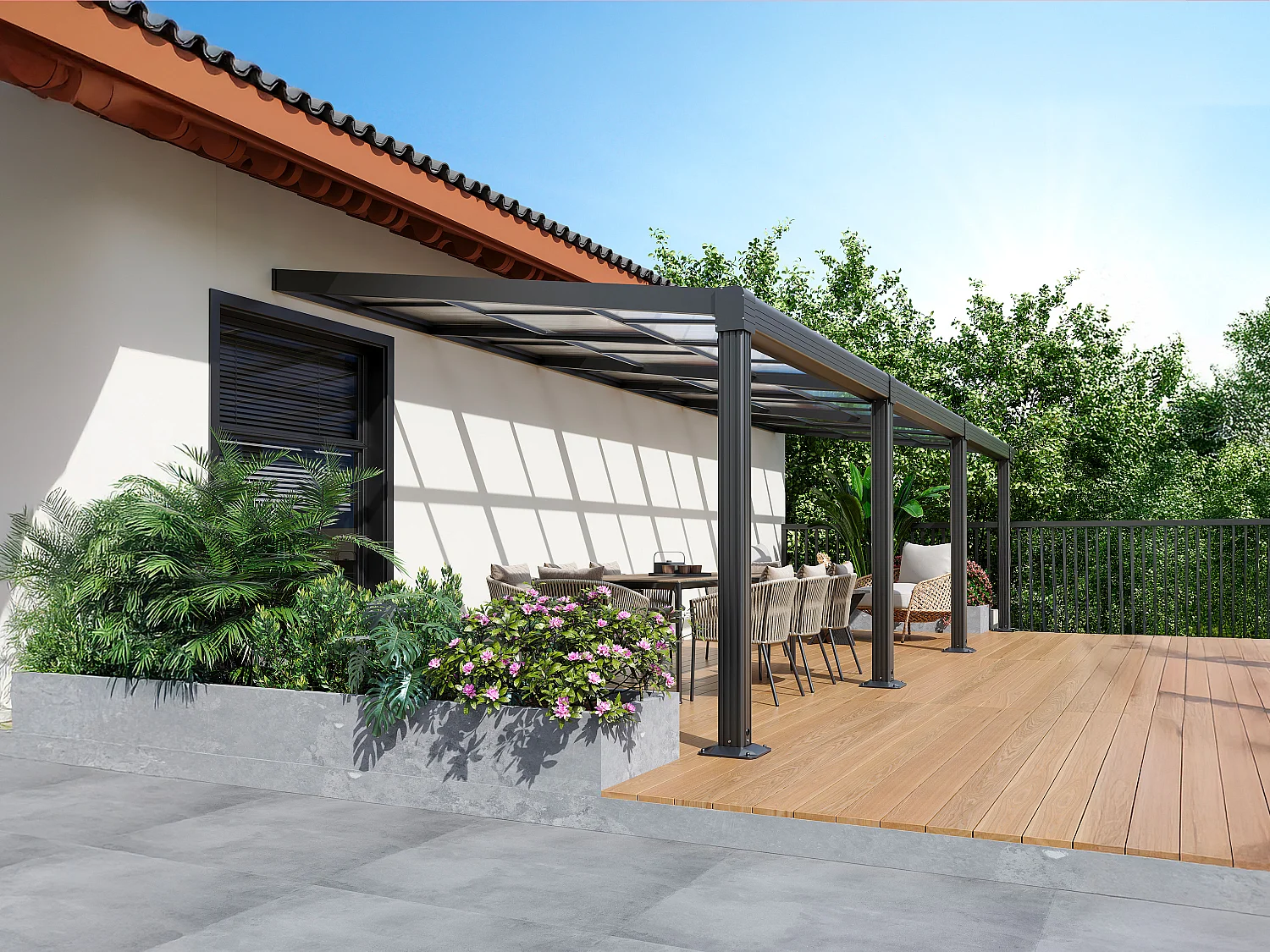 Pergola addossata in alluminio con tetto scorrevole - 27 m² - Antracite - IZEDA