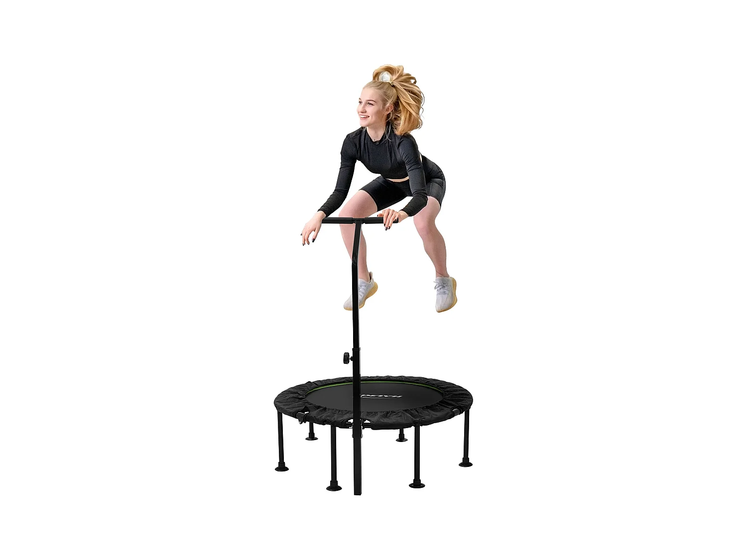 Trampoline de fitness Ø102cm vert pour intérieur barre de maintien réglable en hauteur structure acier capacité 150 kg plateforme de saut silencieuse