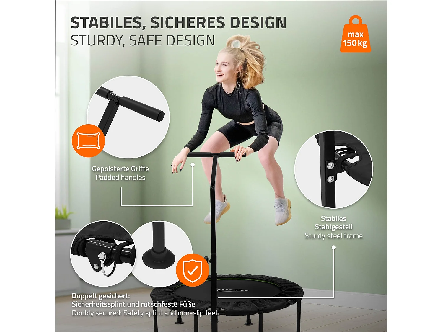 Trampoline de fitness Ø102cm vert pour intérieur barre de maintien réglable en hauteur structure acier capacité 150 kg plateforme de saut silencieuse