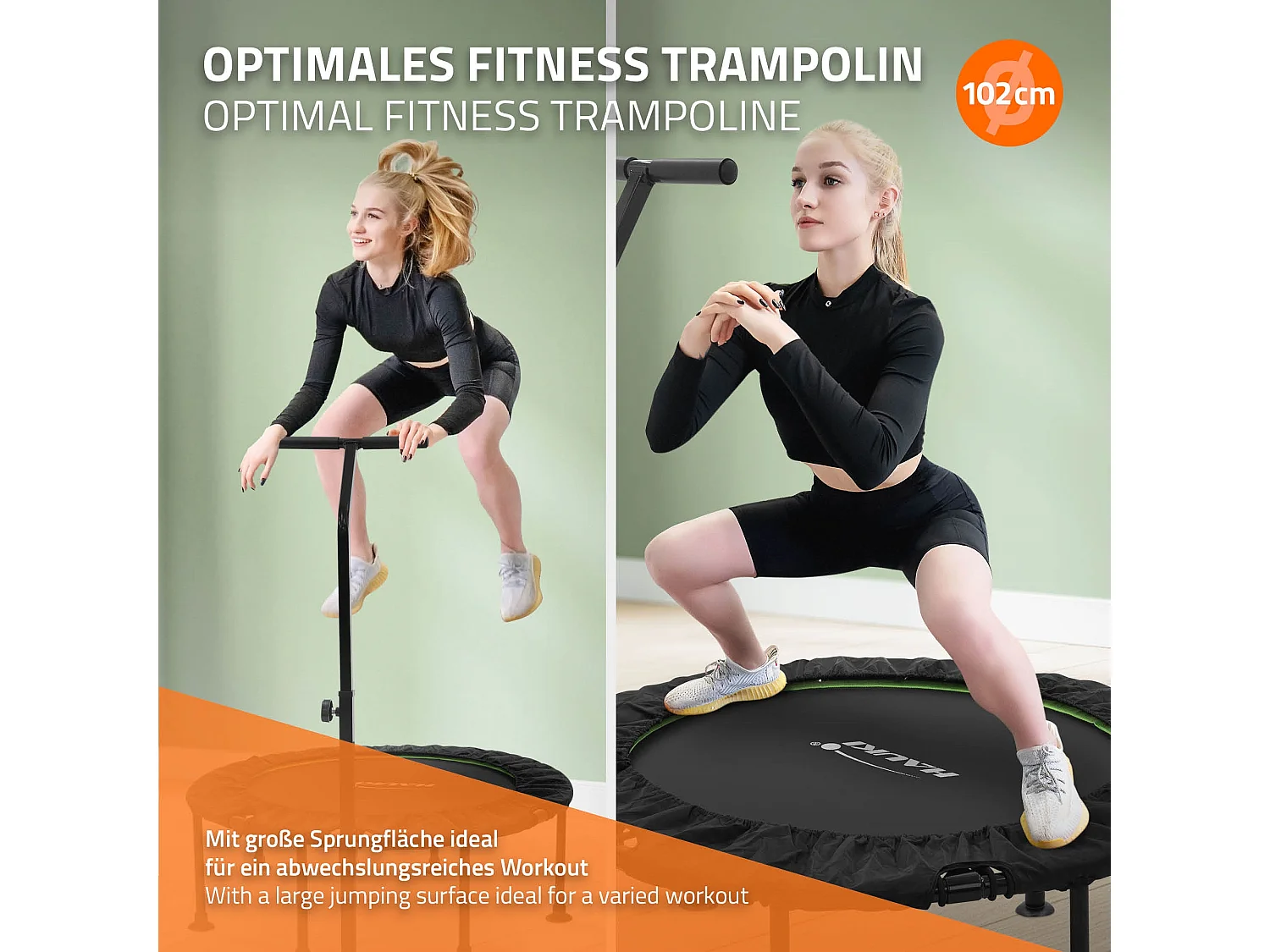 Trampoline de fitness Ø102cm vert pour intérieur barre de maintien réglable en hauteur structure acier capacité 150 kg plateforme de saut silencieuse