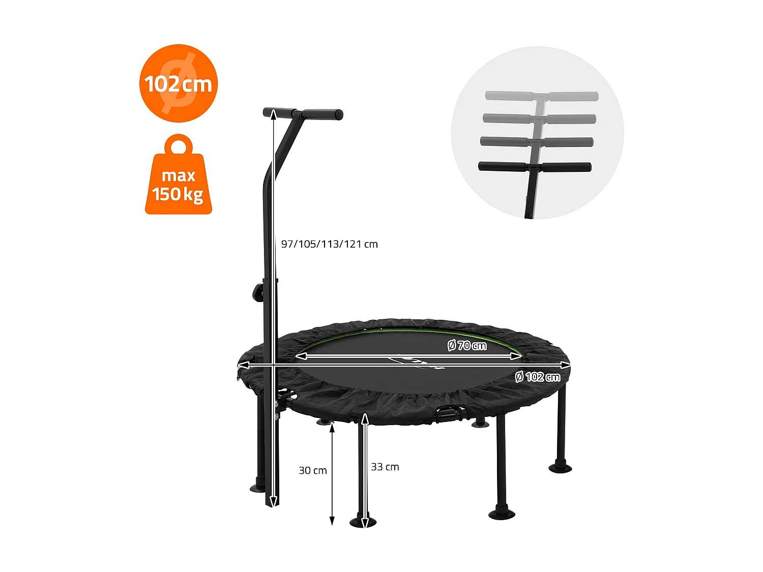 Trampoline de fitness Ø102cm vert pour intérieur barre de maintien réglable en hauteur structure acier capacité 150 kg plateforme de saut silencieuse