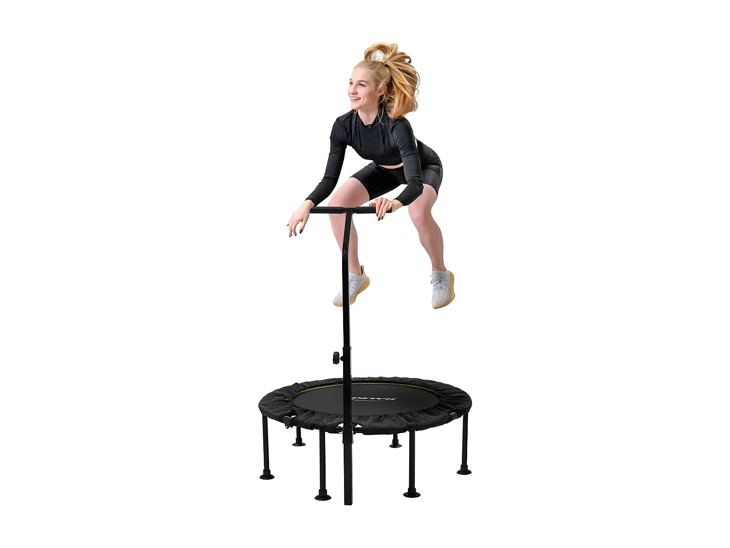 Hauki Trampolino fitness indoor Ø102 cm verde con maniglia regolabile in altezza, tappeto elastico silenzioso, mini trampolino, rebounder per adulti
