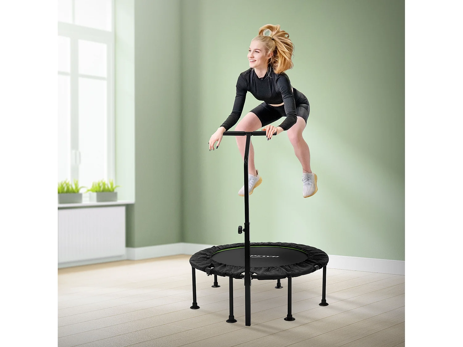 Hauki Trampolino fitness indoor Ø102 cm verde con maniglia regolabile in altezza, tappeto elastico silenzioso, mini trampolino, rebounder per adulti