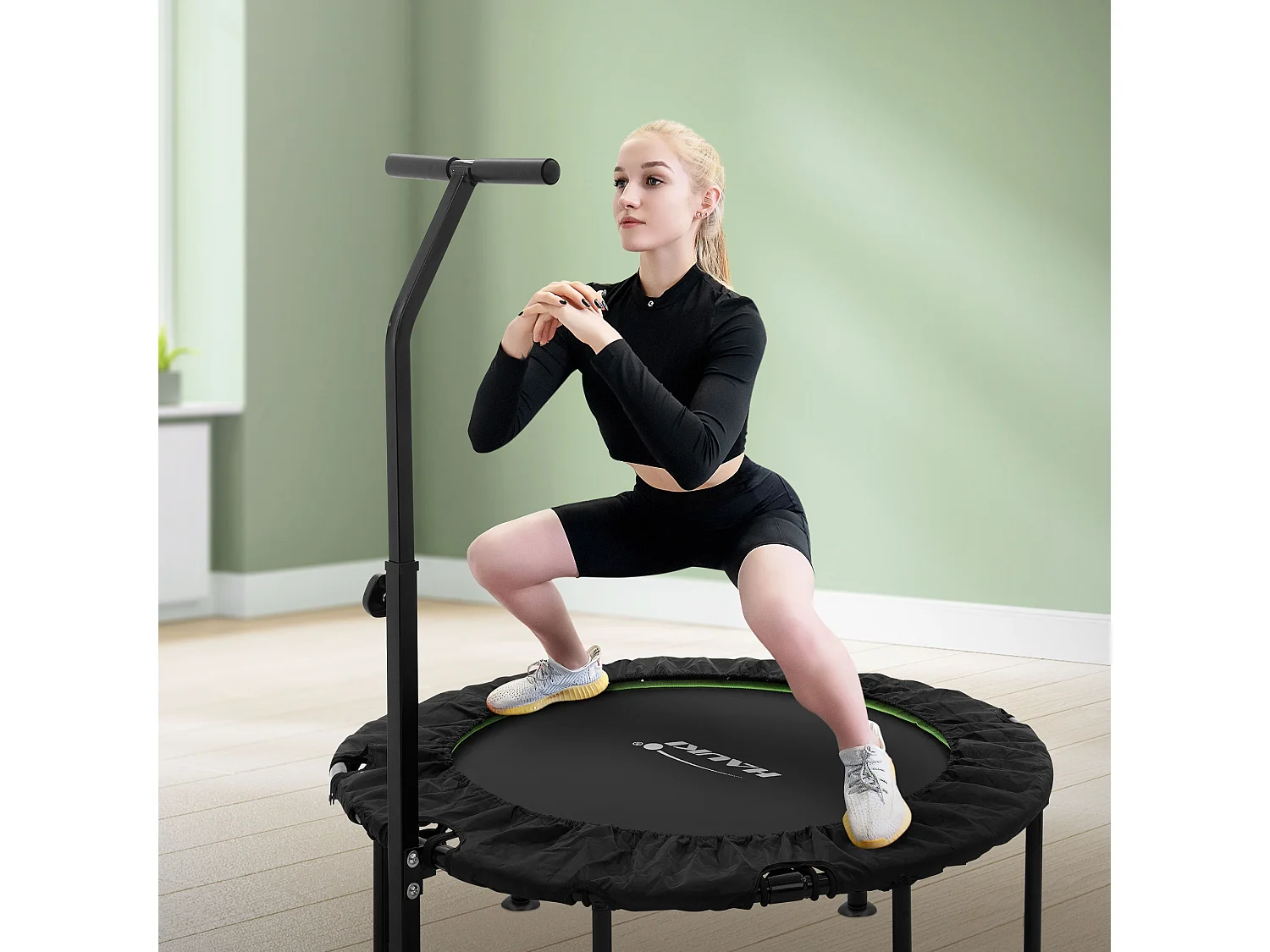 Hauki Trampolino fitness indoor Ø102 cm verde con maniglia regolabile in altezza, tappeto elastico silenzioso, mini trampolino, rebounder per adulti