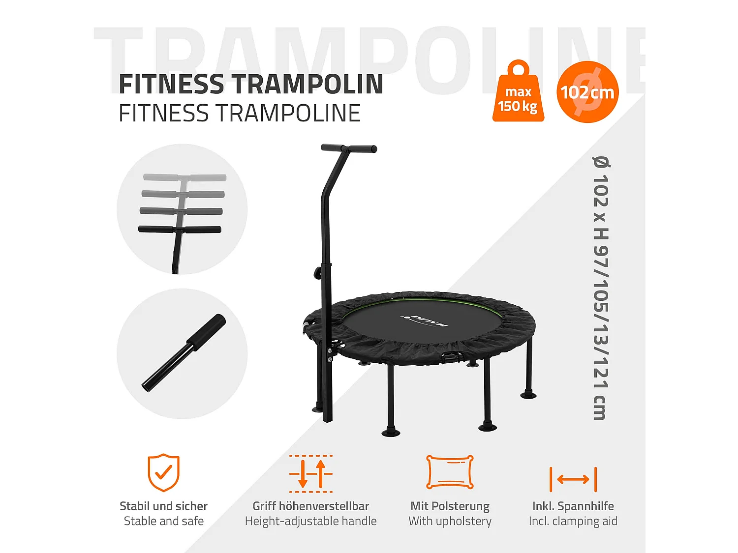 Hauki Trampolino fitness indoor Ø102 cm verde con maniglia regolabile in altezza, tappeto elastico silenzioso, mini trampolino, rebounder per adulti