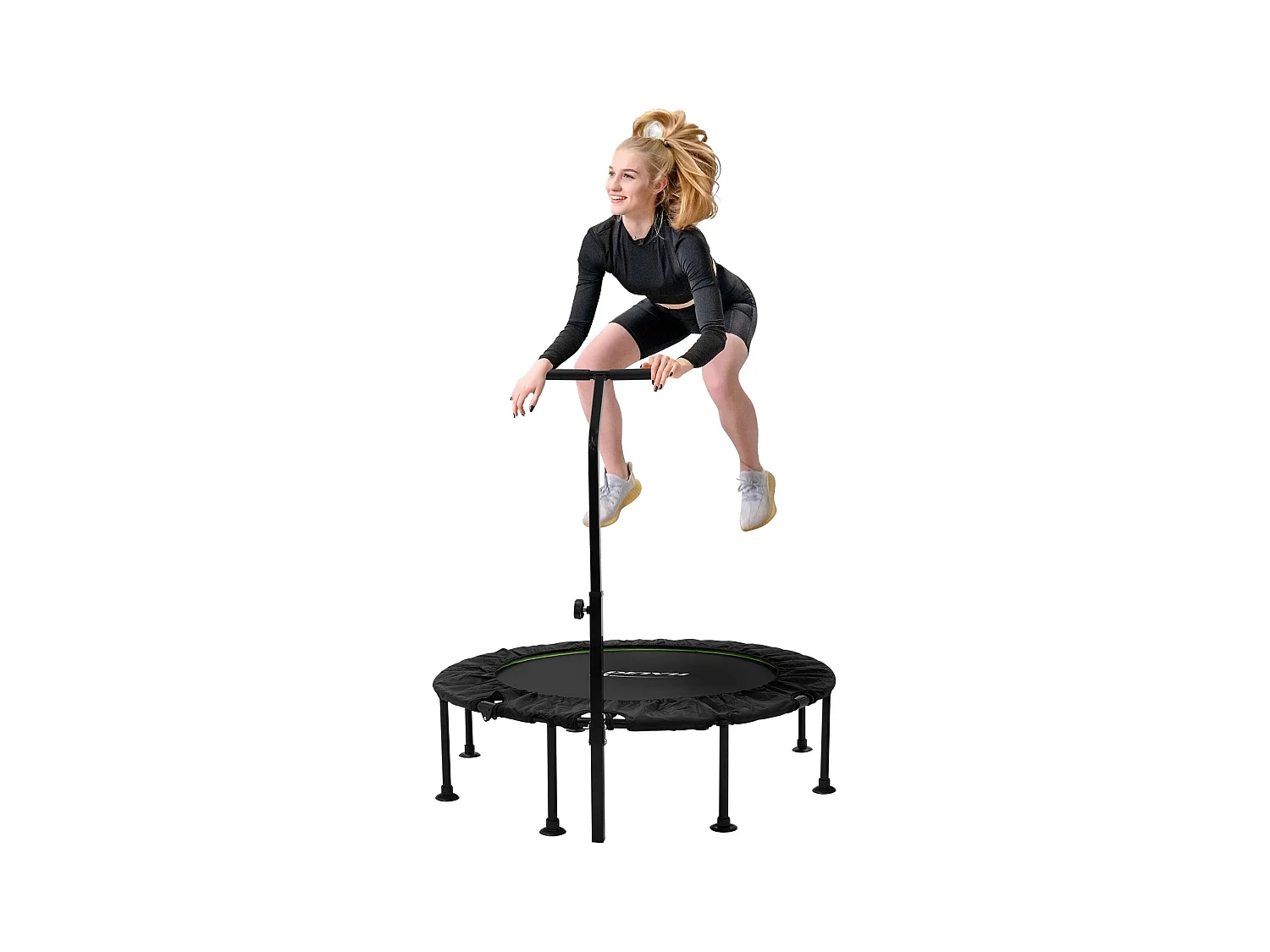 Trampoline de fitness Ø122cm vert pour intérieur barre de maintien réglable en hauteur structure acier capacité 150 kg plateforme de saut silencieuse