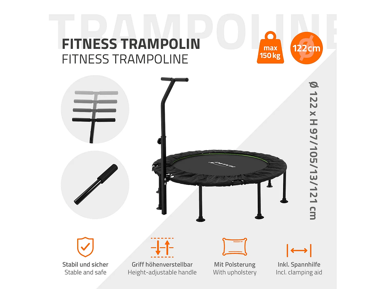Trampoline de fitness Ø122cm vert pour intérieur barre de maintien réglable en hauteur structure acier capacité 150 kg plateforme de saut silencieuse