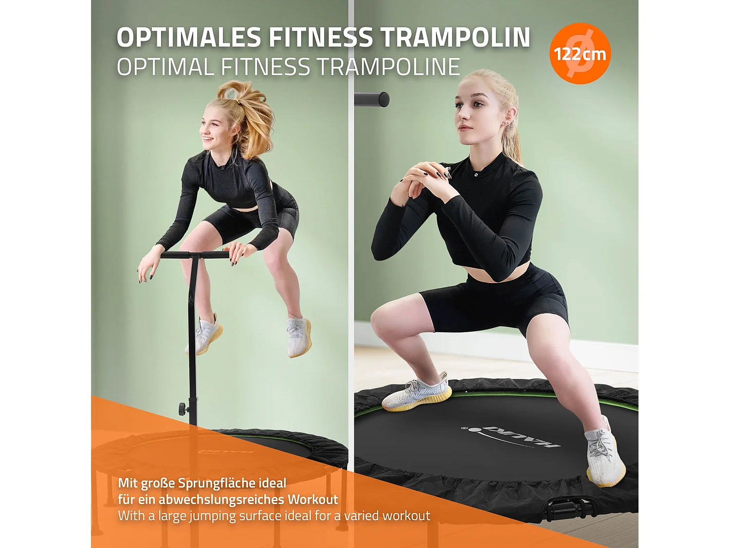 Trampoline de fitness Ø122cm vert pour intérieur barre de maintien réglable en hauteur structure acier capacité 150 kg plateforme de saut silencieuse