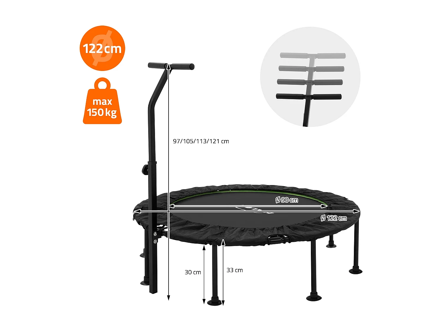 Trampoline de fitness Ø122cm vert pour intérieur barre de maintien réglable en hauteur structure acier capacité 150 kg plateforme de saut silencieuse