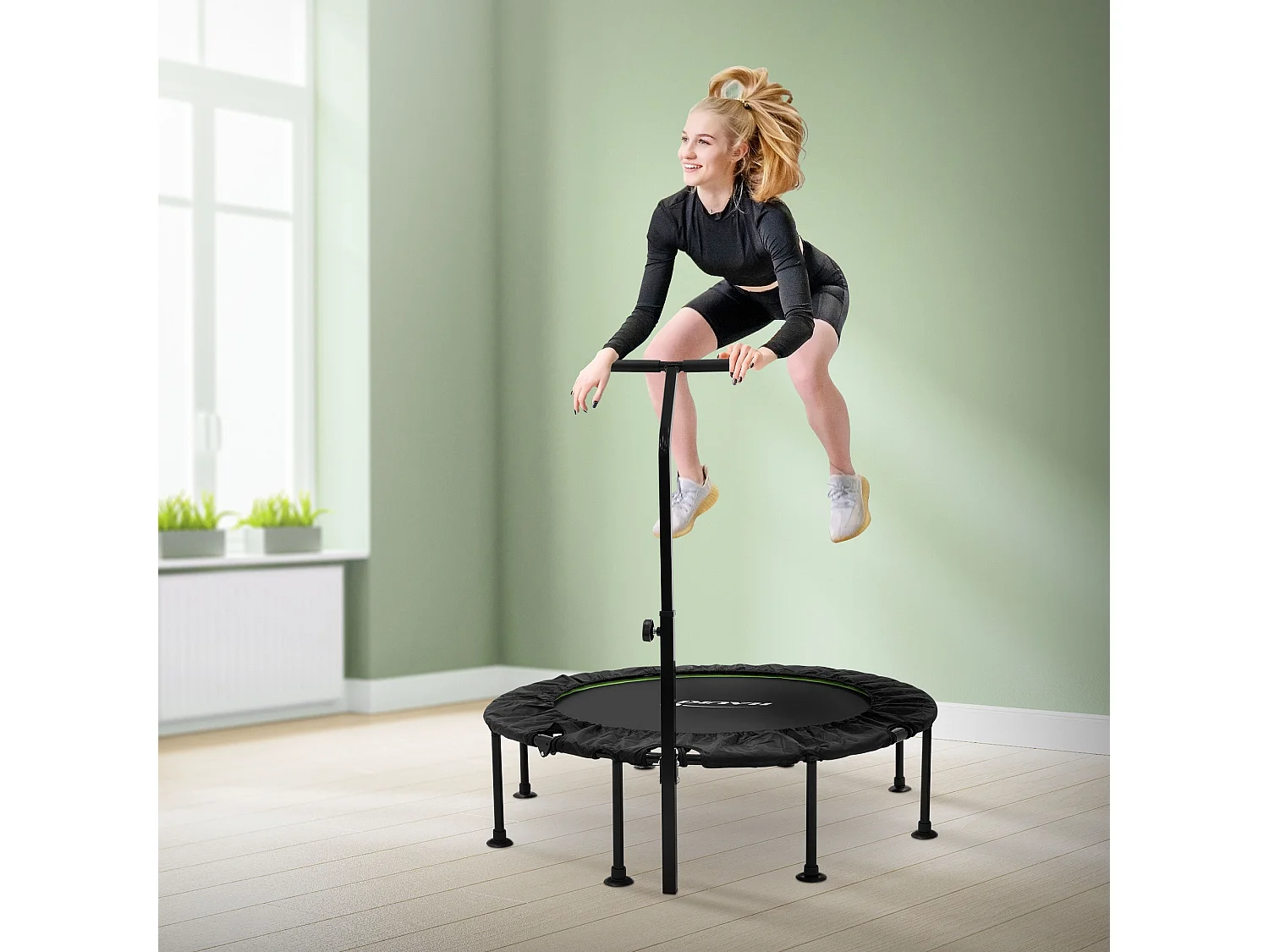 Trampoline de fitness Ø122cm vert pour intérieur barre de maintien réglable en hauteur structure acier capacité 150 kg plateforme de saut silencieuse