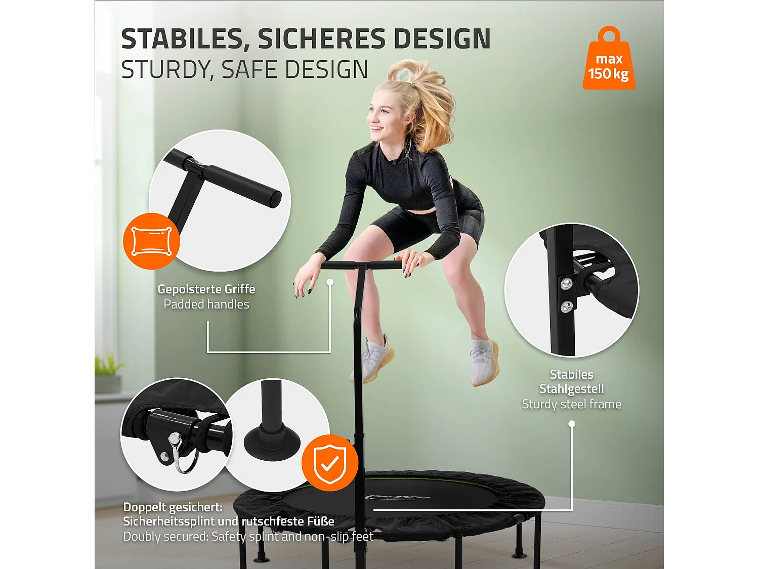 Trampoline de fitness Ø122cm vert pour intérieur barre de maintien réglable en hauteur structure acier capacité 150 kg plateforme de saut silencieuse