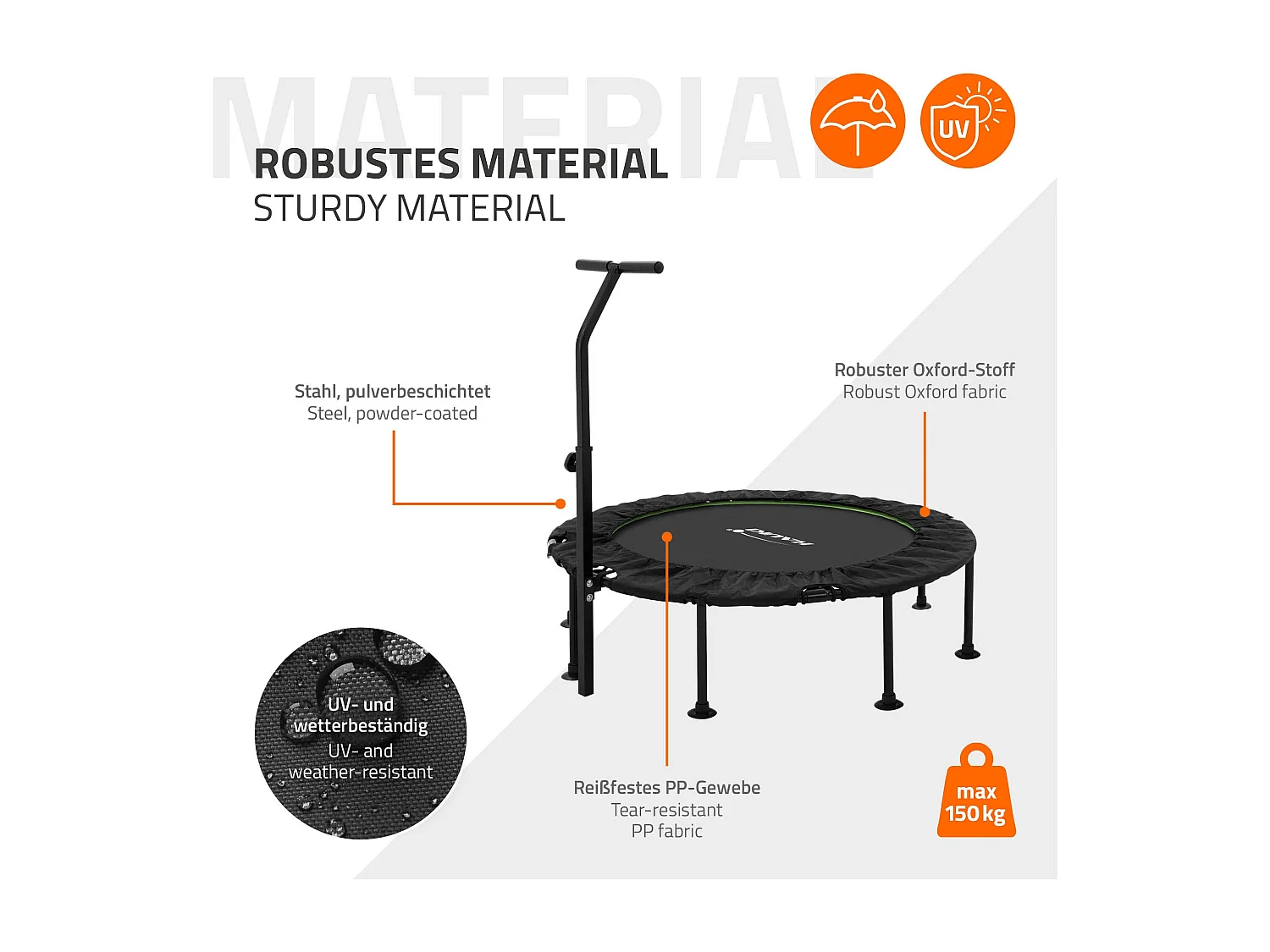 Trampoline de fitness Ø122cm vert pour intérieur barre de maintien réglable en hauteur structure acier capacité 150 kg plateforme de saut silencieuse