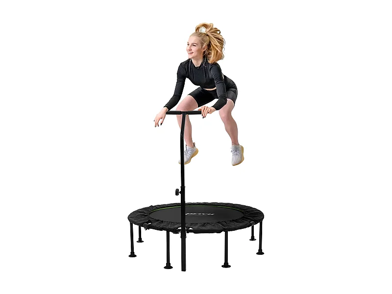 Trampoline de fitness Ø122cm vert pour intérieur barre de maintien réglable en hauteur structure acier capacité 150 kg plateforme de saut silencieuse
