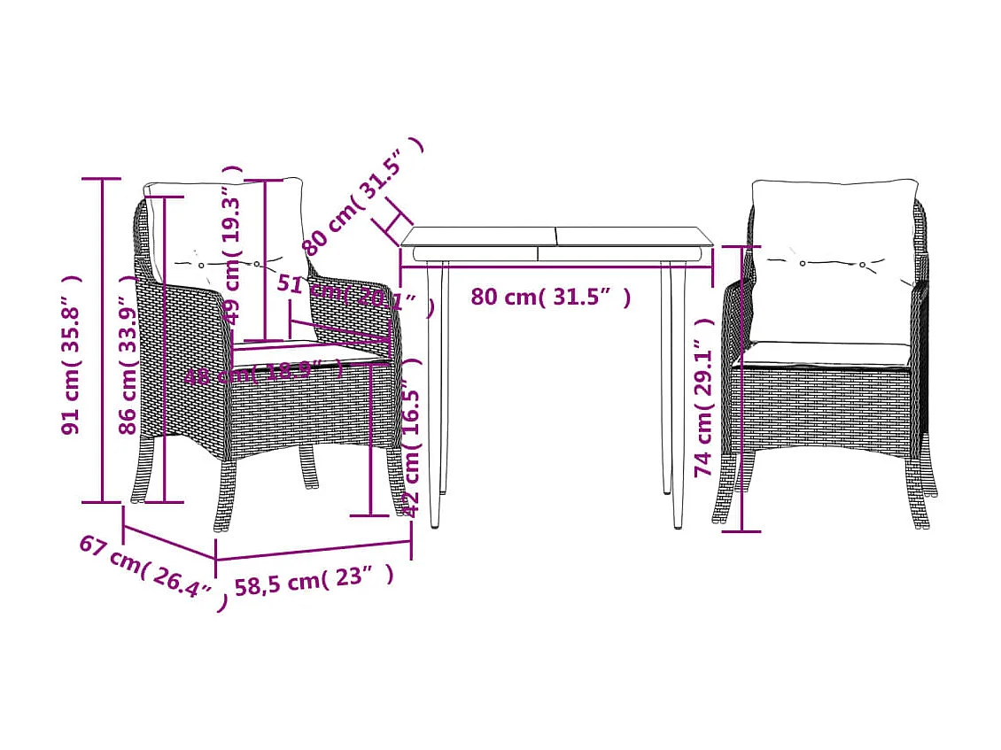 Rini  Ensemble à manger de jardin 3 pcs et coussins marron poly rotin