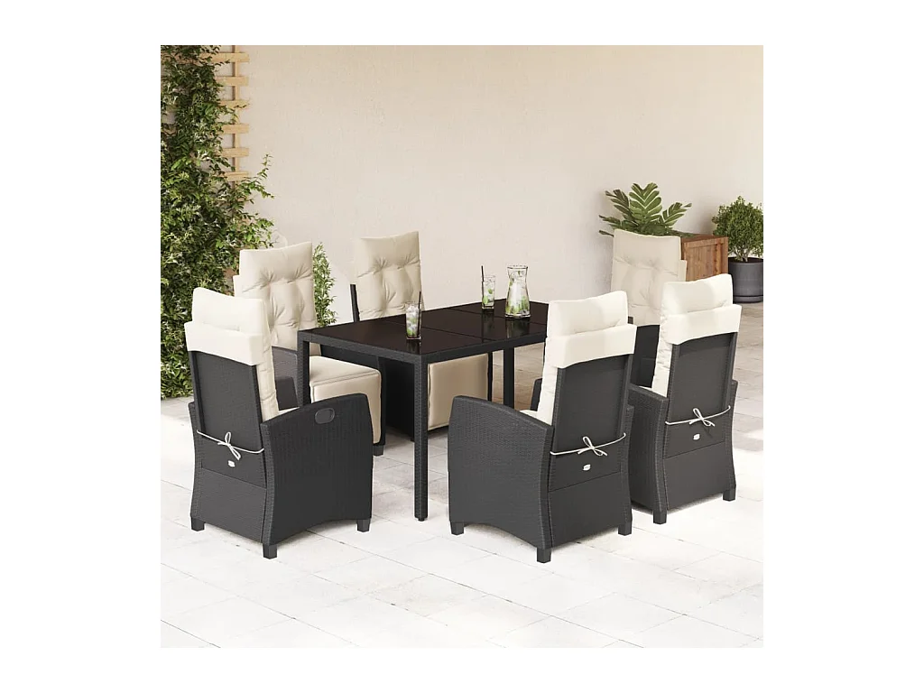 Vrikja  Ensemble à manger de jardin coussins 7pcs Noir Résine tressée