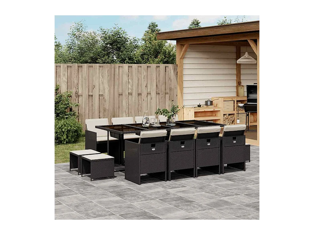 Steno  Set comedor de jardín con cojines 13 pzas ratán sintético negro