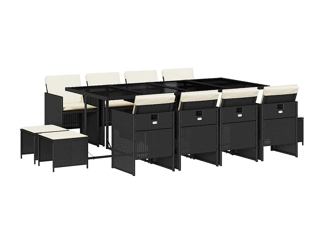 Steno  Set comedor de jardín con cojines 13 pzas ratán sintético negro