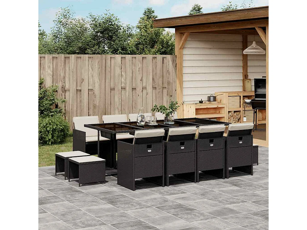 Steno  Set comedor de jardín con cojines 13 pzas ratán sintético negro