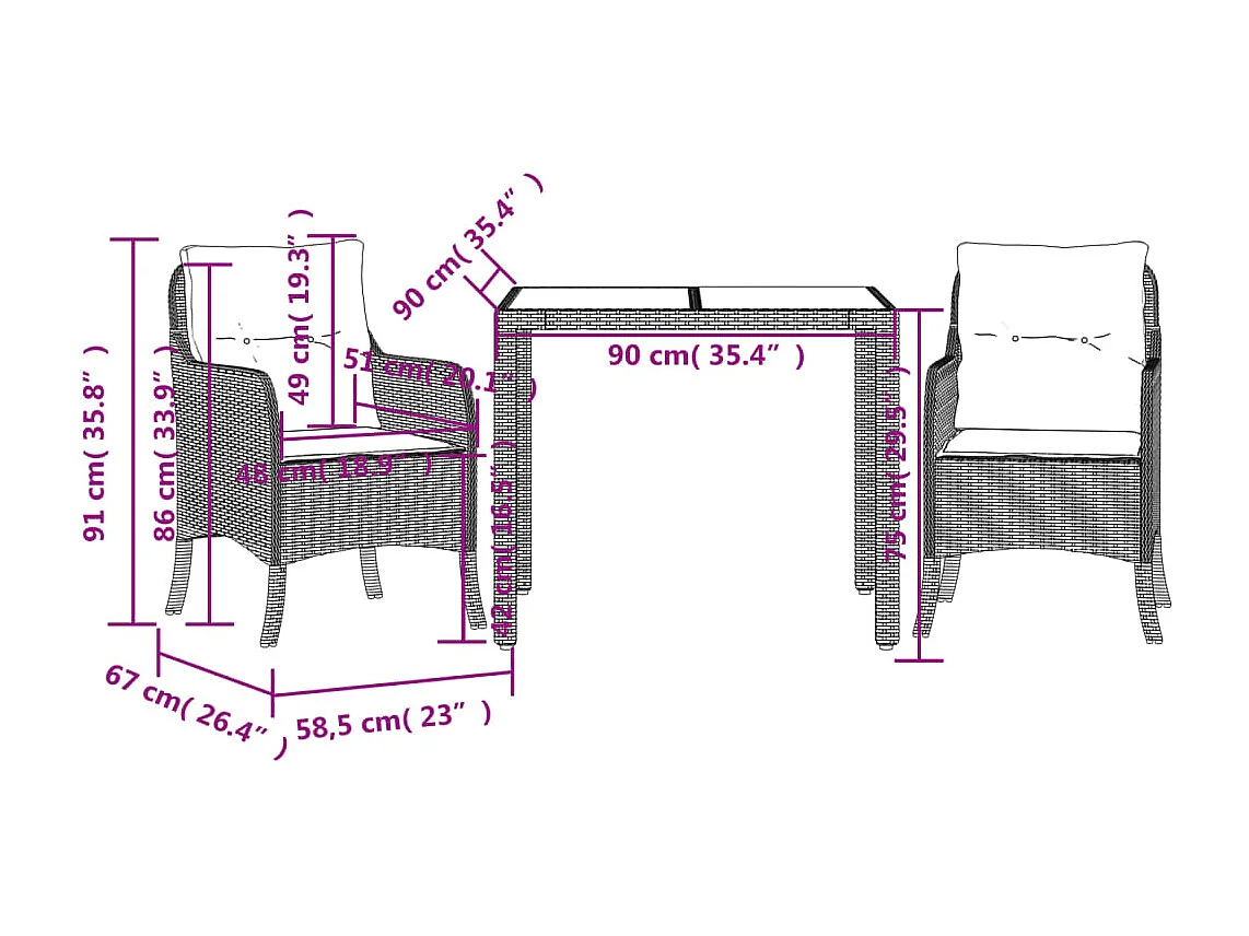 Prolenta Premium -  3-delige Tuinset met kussens poly rattan zwart