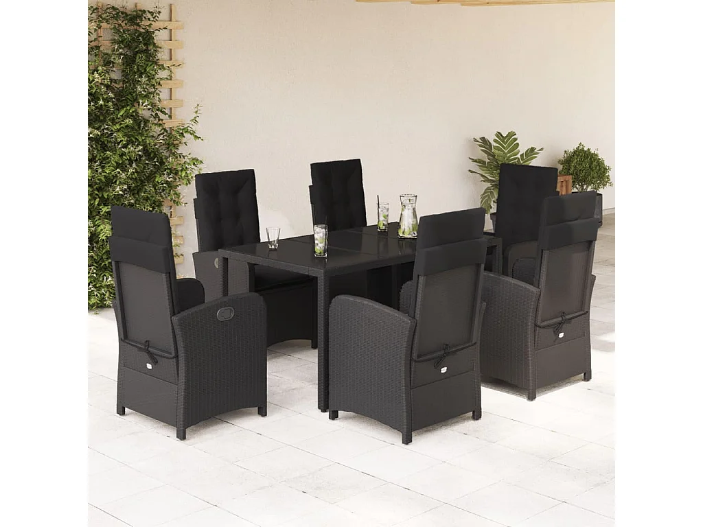 Vinkel  Ensemble à manger de jardin coussins 7pcs Noir Résine tressée