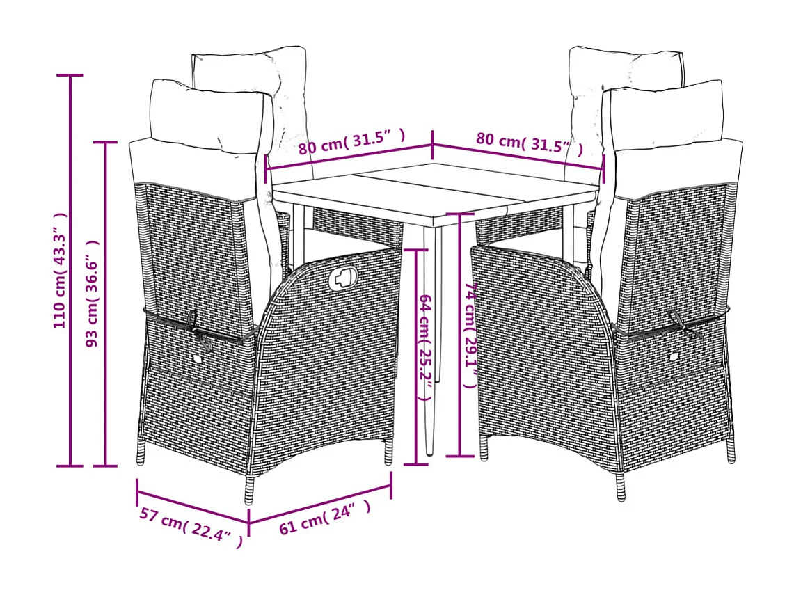 Eugenie  5-delige Tuinset met kussens poly rattan grijs