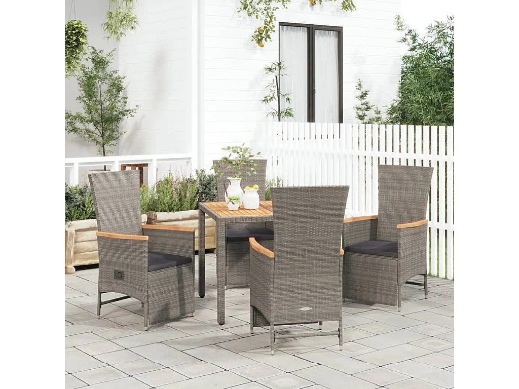 Valentin  Ensemble à manger de jardin 5 pcs coussins gris résine tressée