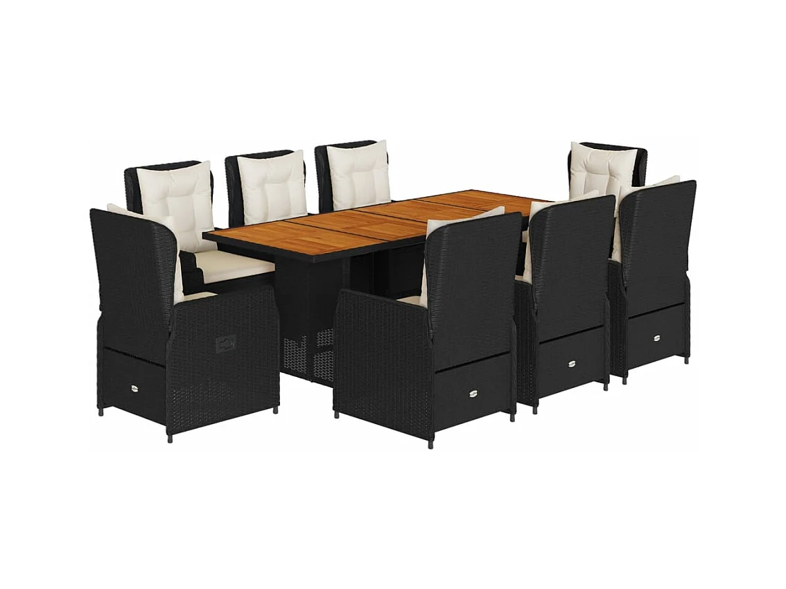 Zion  Set de comedor de jardín 9 pzas y cojines ratán sintético negro