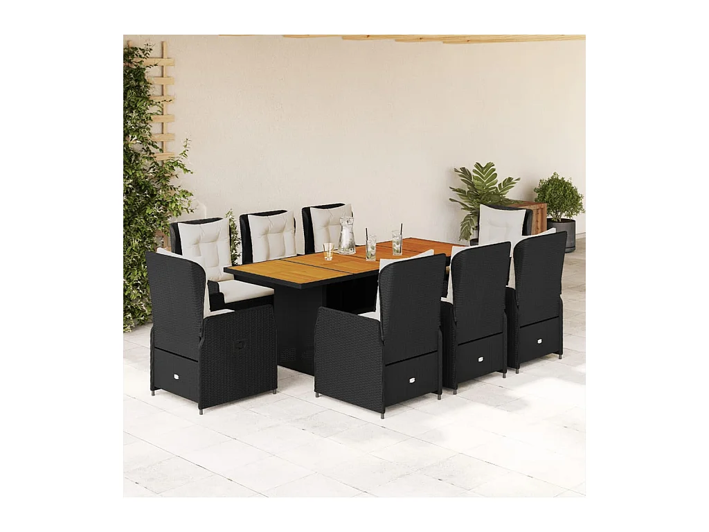 Zion  Set de comedor de jardín 9 pzas y cojines ratán sintético negro