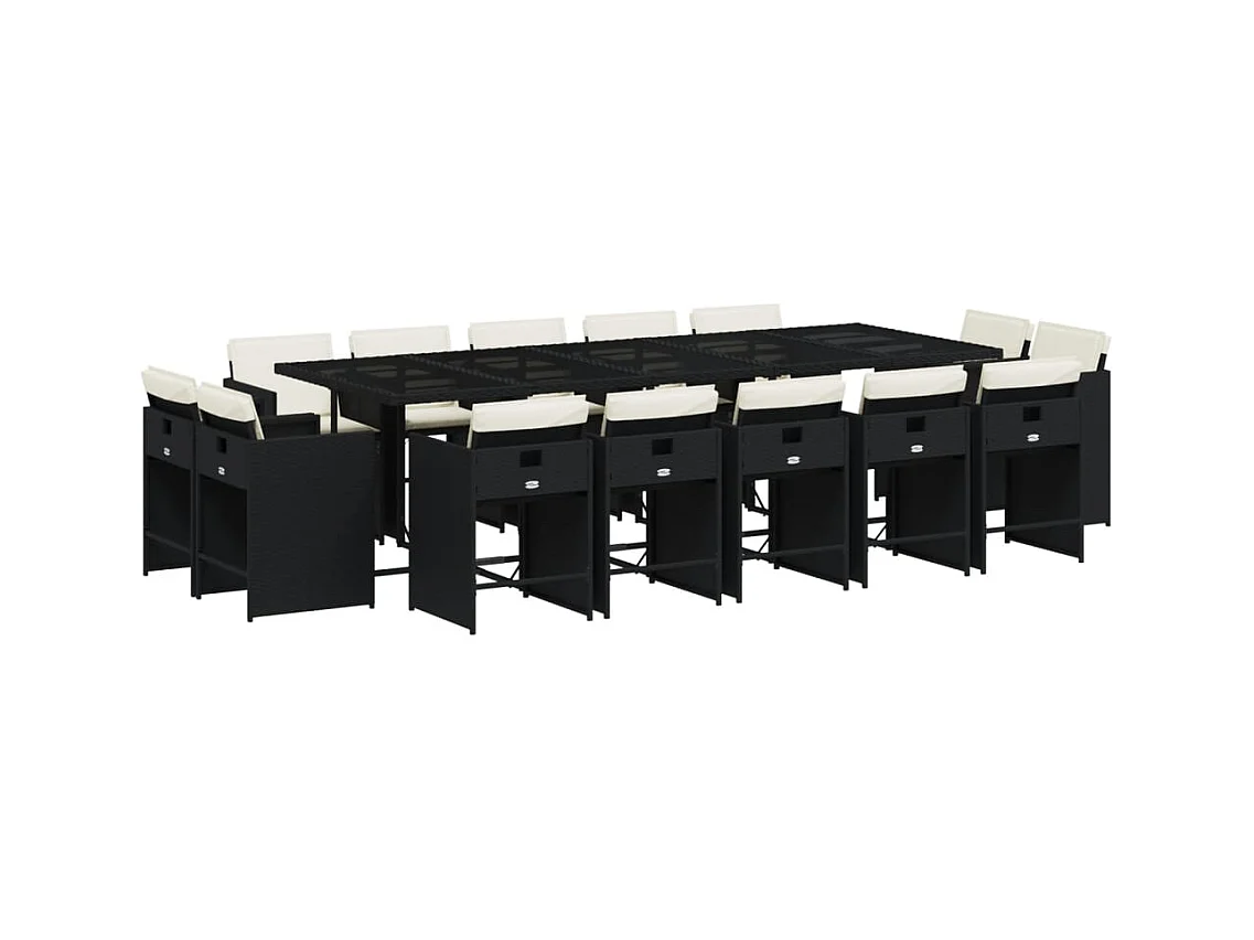 An Daingean  Set comedor de jardín con cojines 15 pzas ratán sintético negro