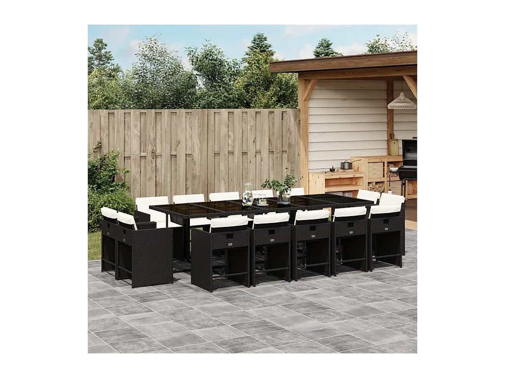 An Daingean  Set comedor de jardín con cojines 15 pzas ratán sintético negro
