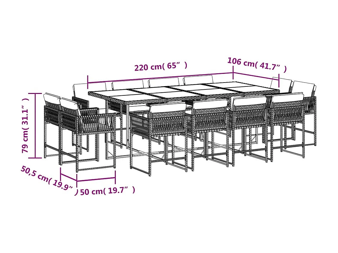 Emilia  Ensemble à manger de jardin coussins 13 pcs gris résine tressée
