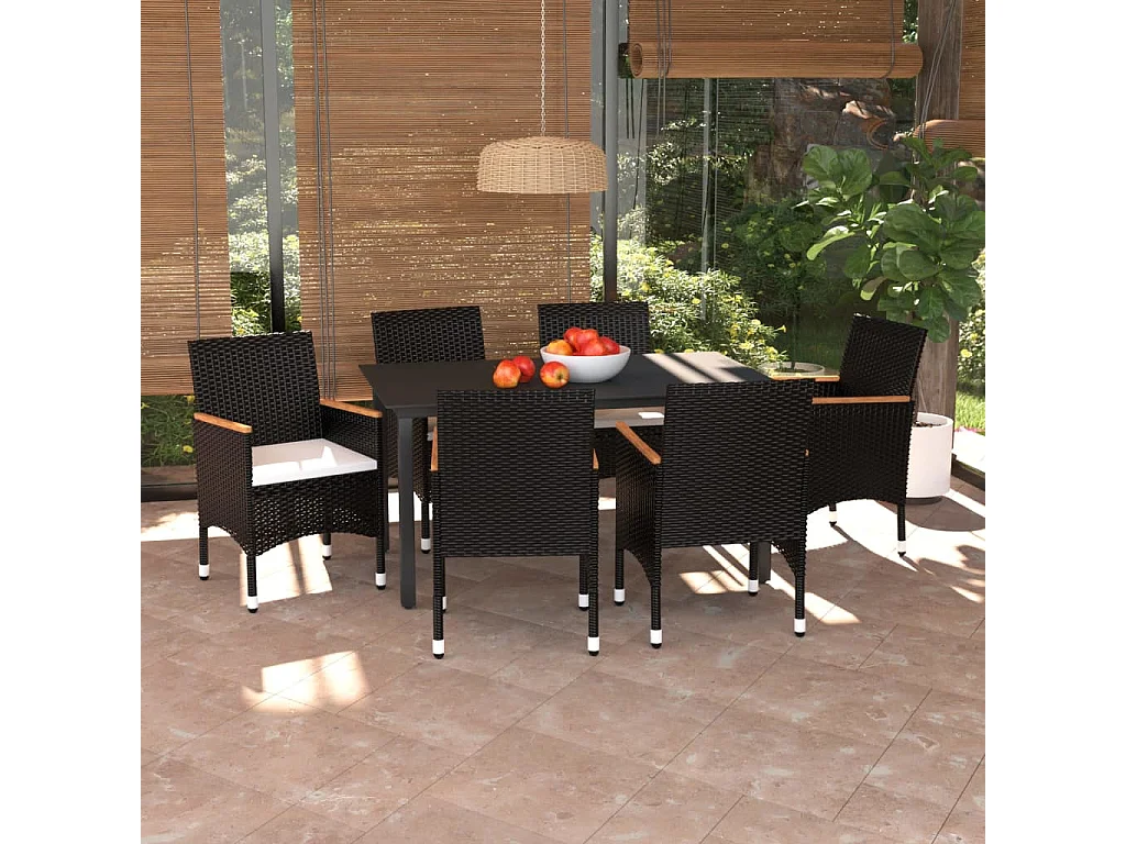Wausau  Ensemble à manger de jardin coussins 7pcs Résine tressée Noir