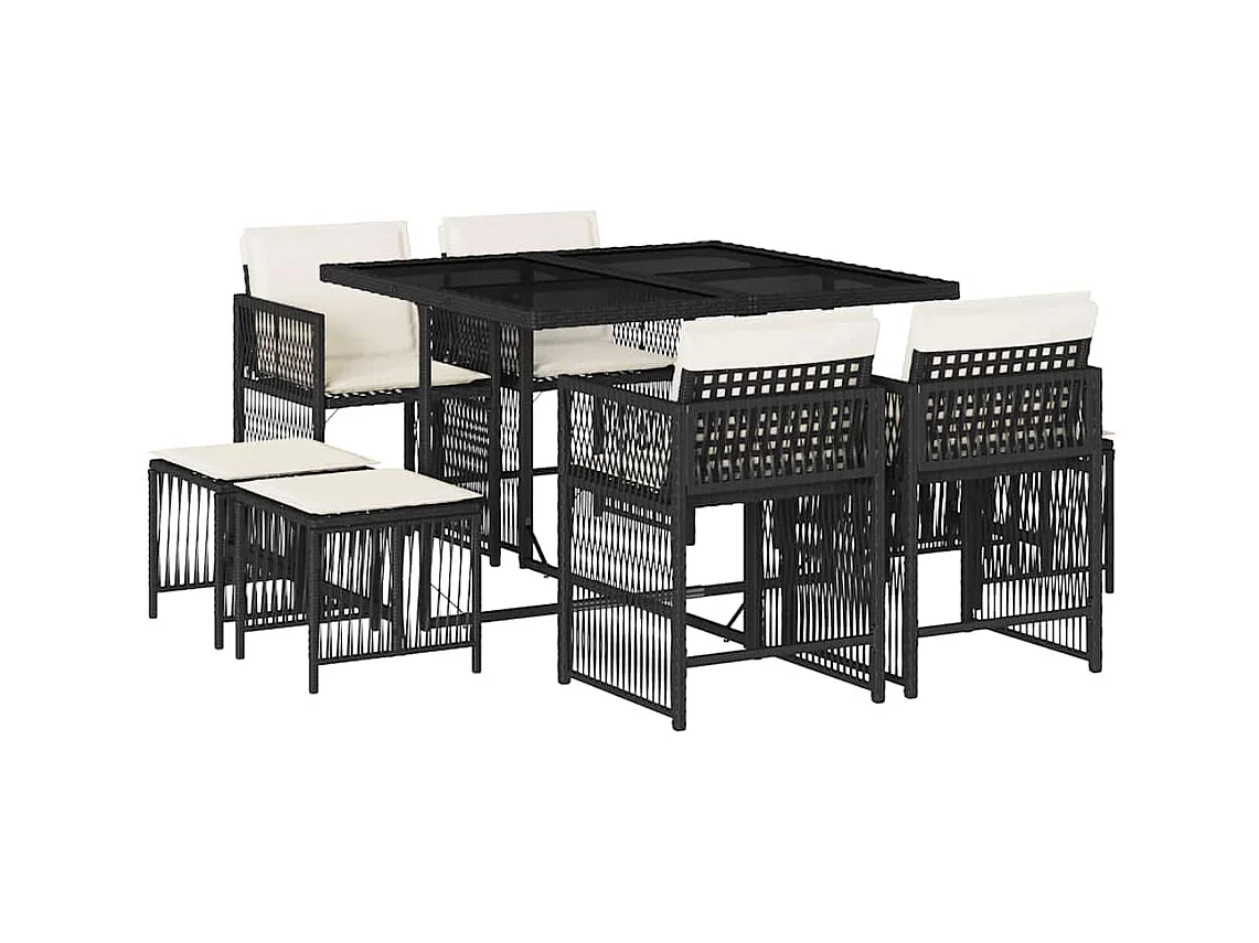Laura Lucía  Ensemble à manger de jardin 9pcs coussins noir résine tressée