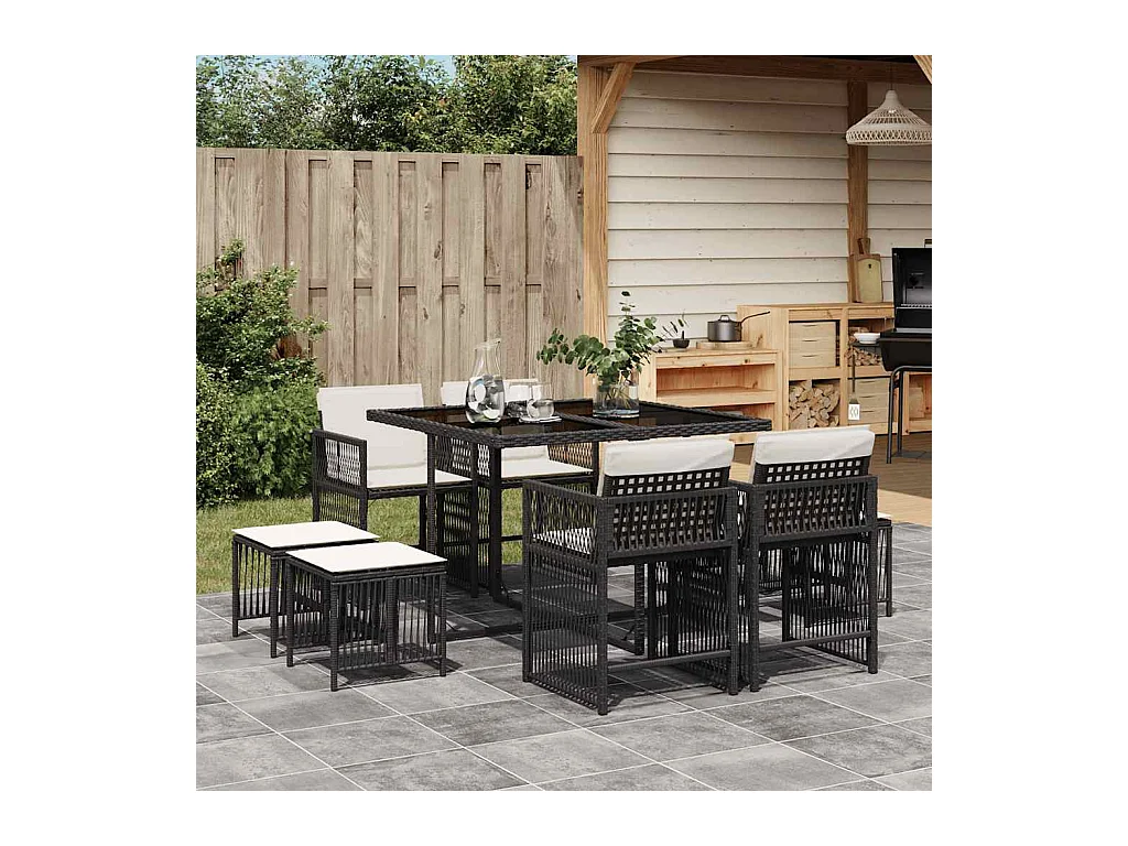 Laura Lucía  Ensemble à manger de jardin 9pcs coussins noir résine tressée