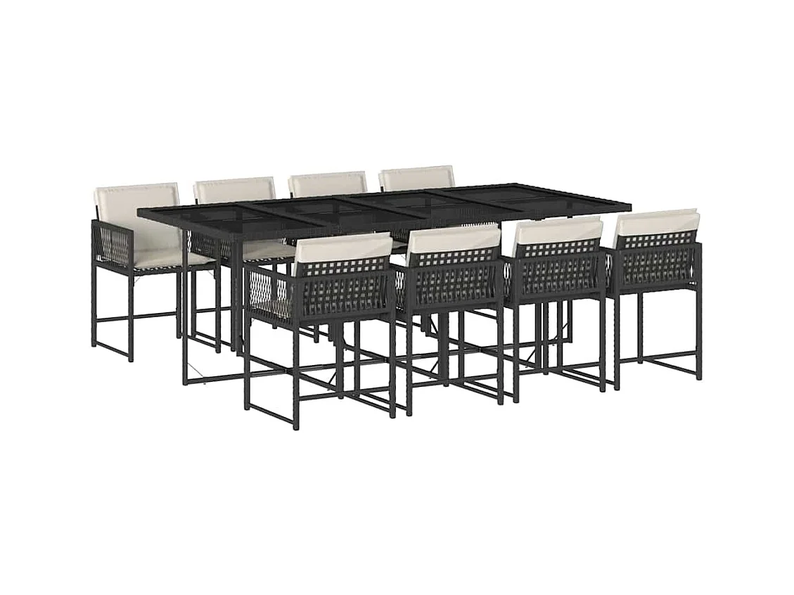 Sharif  Ensemble à manger de jardin 9pcs coussins noir résine tressée
