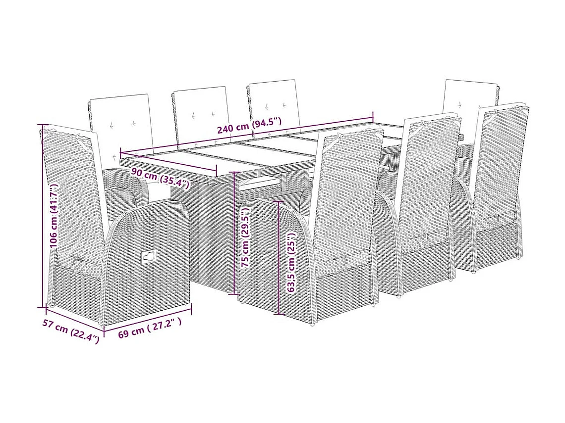 Central Valley  Ensemble à manger de jardin 9 pcs coussins gris résine tressée