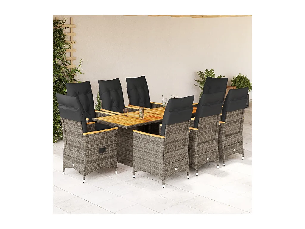 Garden Furniture -  Set comedor jardín 9 pzas y cojines ratán sintético gris